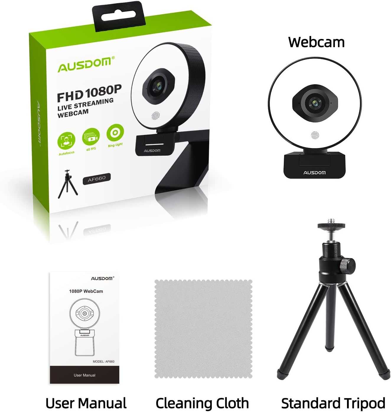FHD 1080p 60fps Webcam with Ring Light, 75° FOV, Dual Microphones, External Tripod C623