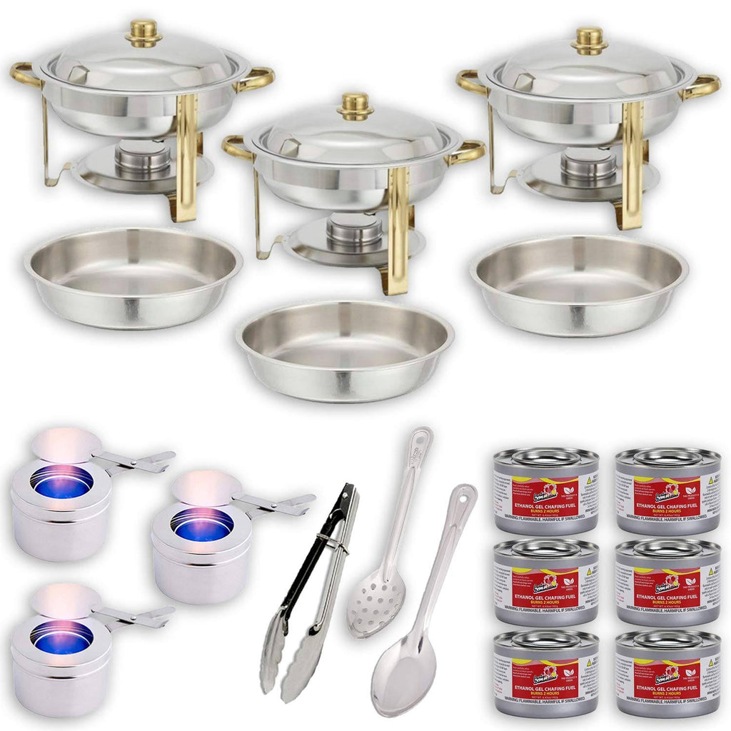 Round Chafing Dish Buffet Set with Water Pans, Food Pans, Frames, Lids, Fuel Holders, 6 Fuel Cans Z912