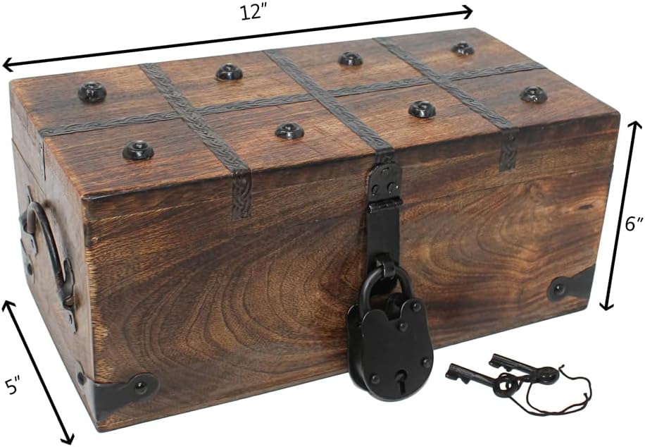 Treasure Chest Wooden Box with Antique Iron Lock and Skeleton Key G76183