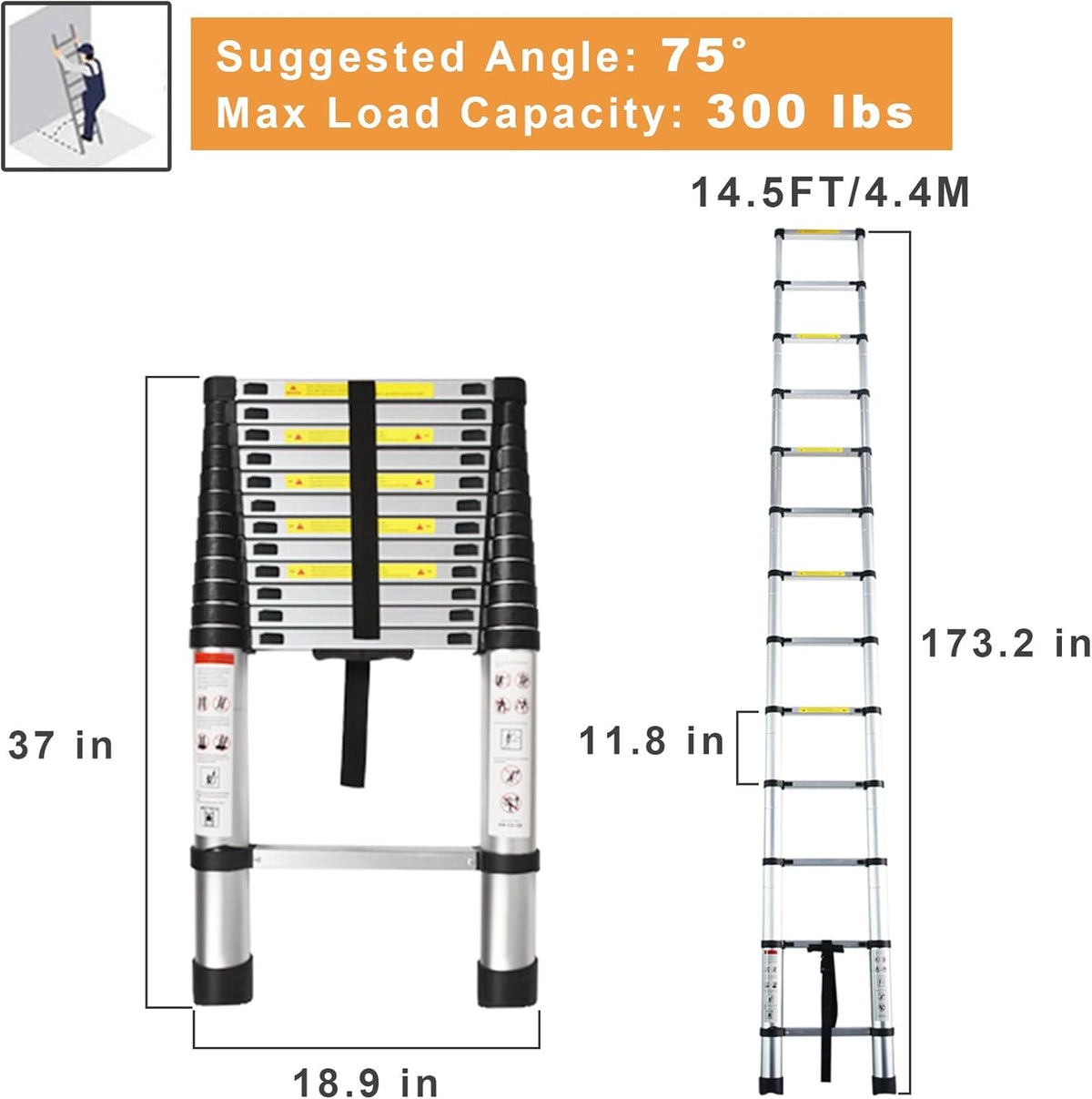 Telescoping Extension Ladder 14.5 FT, Folding Aluminum Ladder, 330 LB Capacity H568741
