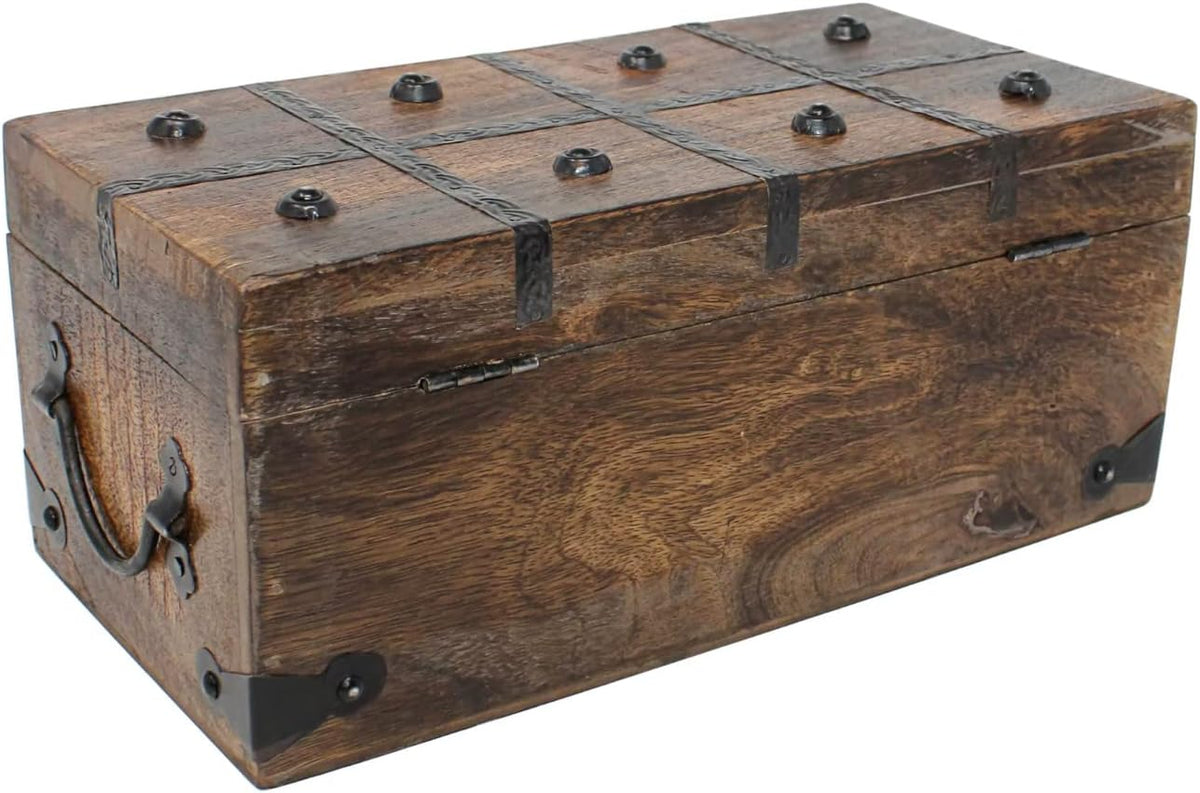 Treasure Chest Wooden Box with Antique Iron Lock and Skeleton Key G76183
