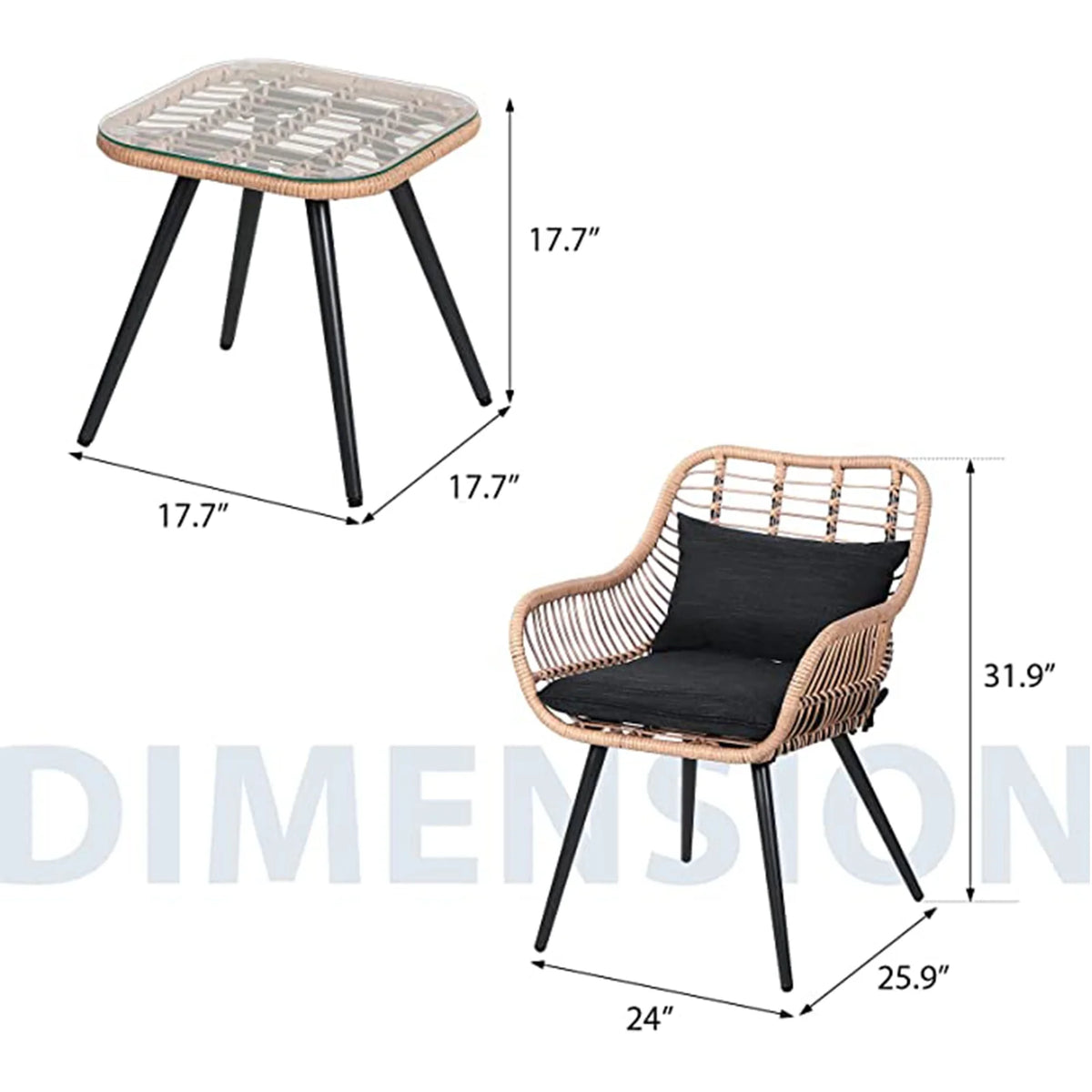 3-Piece Patio Set with Square Glass Top Coffee Table, Cushions and Lumbar Pillows J219