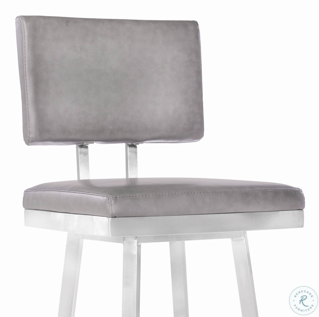 Bar Height Barstool in Brushed Stainless Steel and Vintage Grey Faux Leather E327