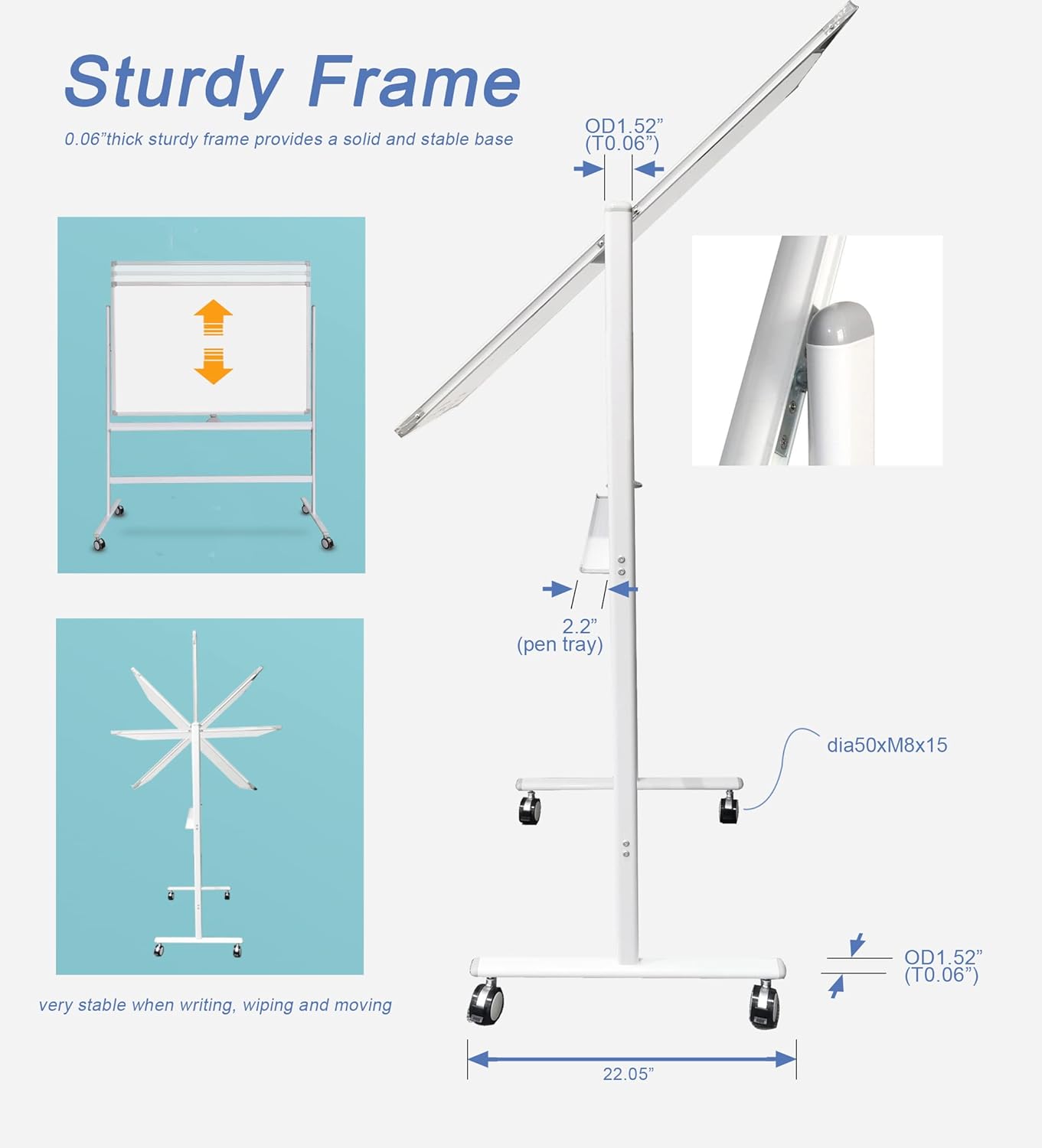 32 x 48 Inches Double Sided Height Adjustable Rolling White Board with Casters I599248