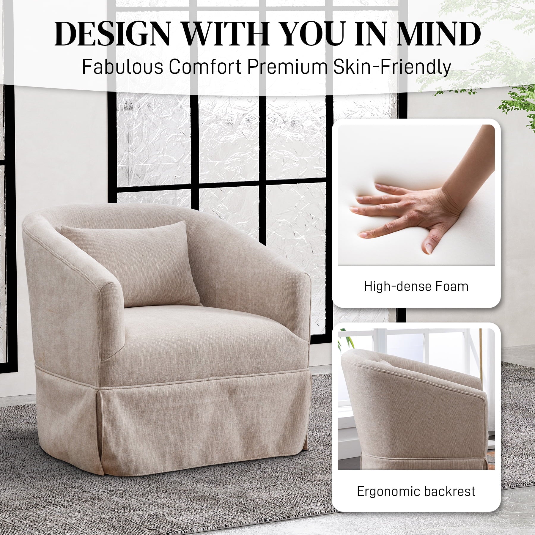 Upholstered Swivel Barrel Chair, Linen Fabric Accent Chair U880829