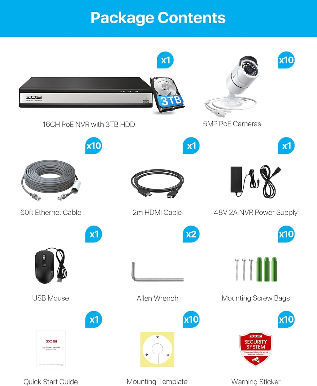 4K 16 Channel Security Camera System with 3TB Hard Drive and 10 x 5MP Cameras J6106