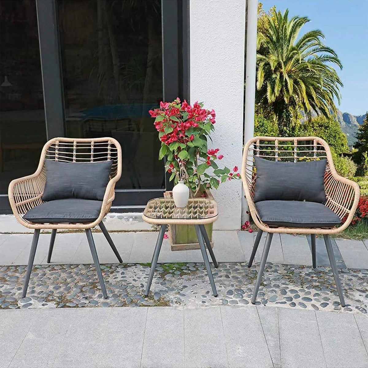 3-Piece Patio Set with Square Glass Top Coffee Table, Cushions and Lumbar Pillows J219