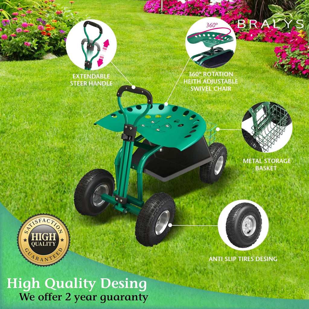 Garden Cart with Seat Rolling Gardening Cart with Large Wheels Basket Waterproof Cover N313