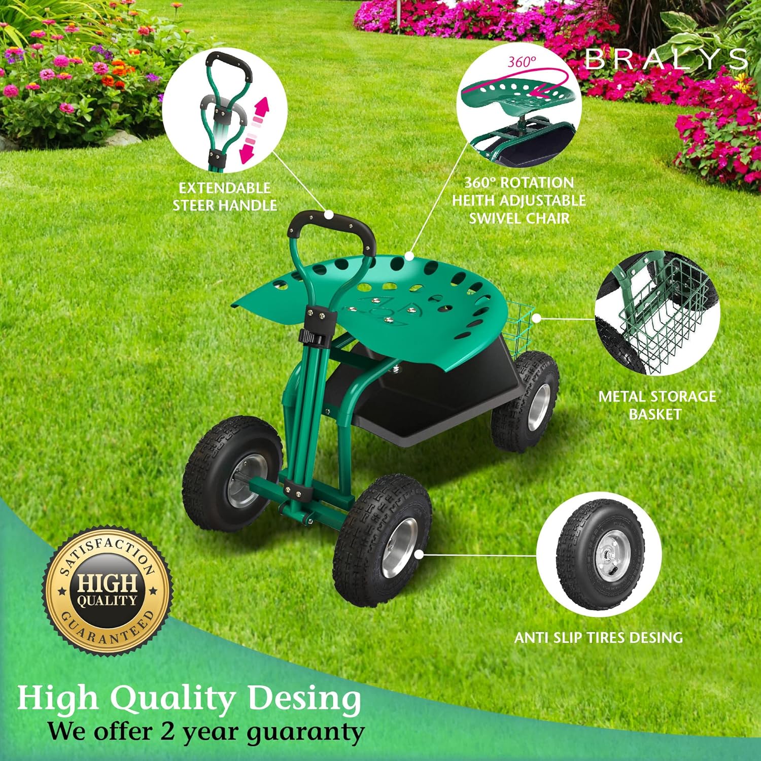 Garden Cart with Seat Rolling Gardening Cart with Large Wheels Basket Waterproof Cover N313