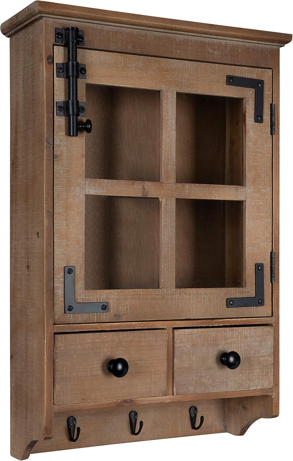 Rustic White Wood Wall Cabinet with Glass Door and 2 Drawers F1706