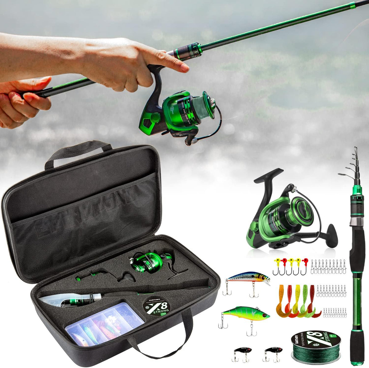 Collapsible Fishing Rod and Reel Combo with Carrier Bag K852