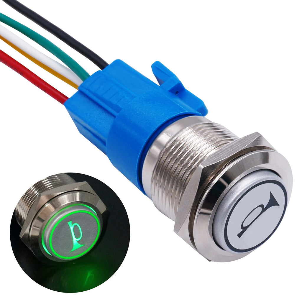16MM 12V Car Horn Push Button Blue LED Lighted Momentary Metal Toggle Switch M99663