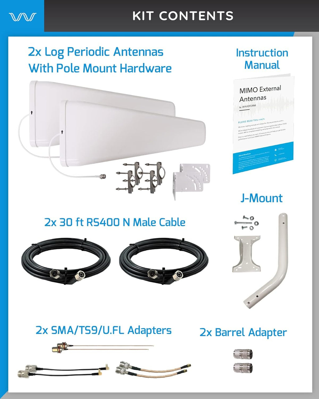 4G/5G Log Periodic Antenna Kit, +11 dBi gain 2x2 600-6000 MHz, Twin Cable A609335
