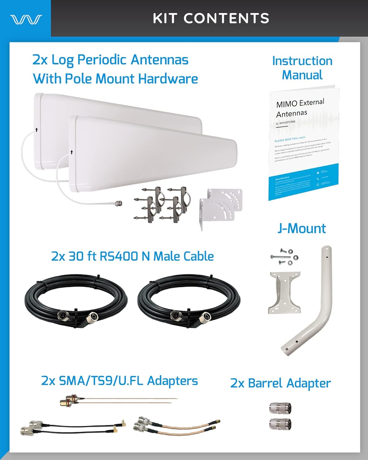 4G/5G Log Periodic Antenna Kit, +11 dBi gain 2x2 600-6000 MHz, Twin Cable A609335