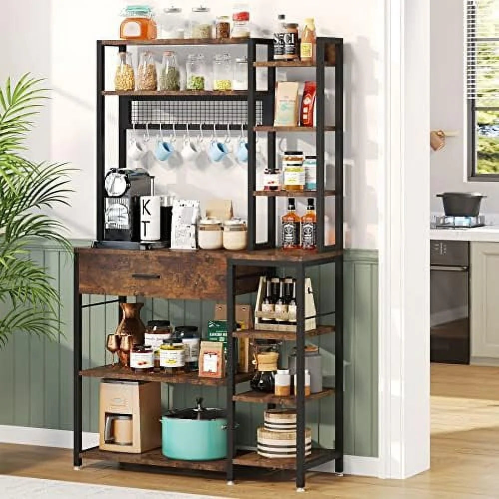 Baker's Rack with Drawer, 70.9 inch, 5-Tier+6-Tier Microwave Stand with 10 Hooks (Rustic Brown) L406579