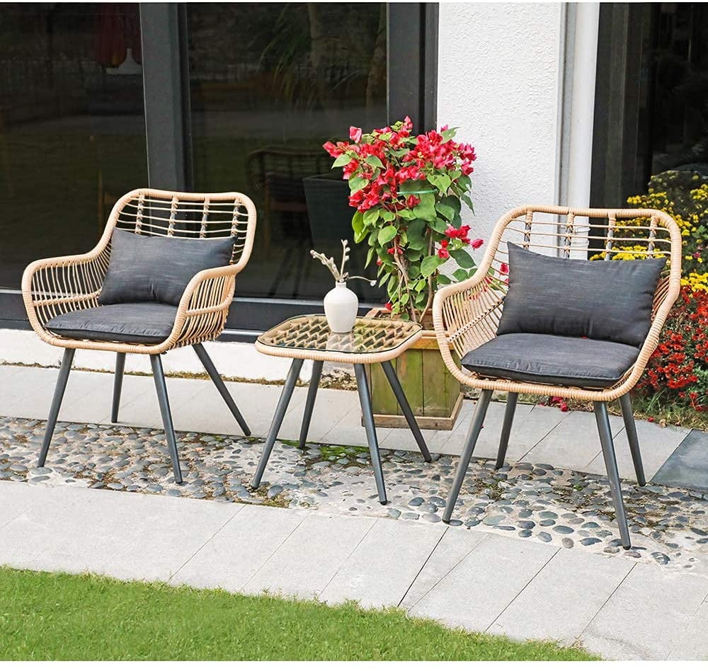 3-Piece Patio Set with Square Glass Top Coffee Table, Cushions and Lumbar Pillows J219
