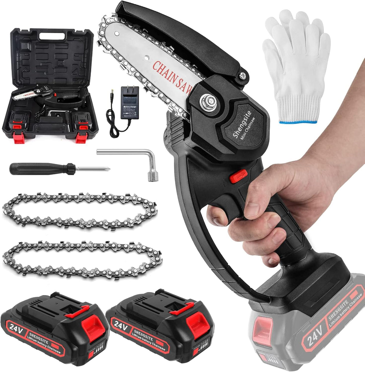 Mini Chainsaw 4-Inch Cordless Chain Saw 24V Battery Powered with Safety Lock, 2 Batteries 2 Chains Pack of 2 T59686