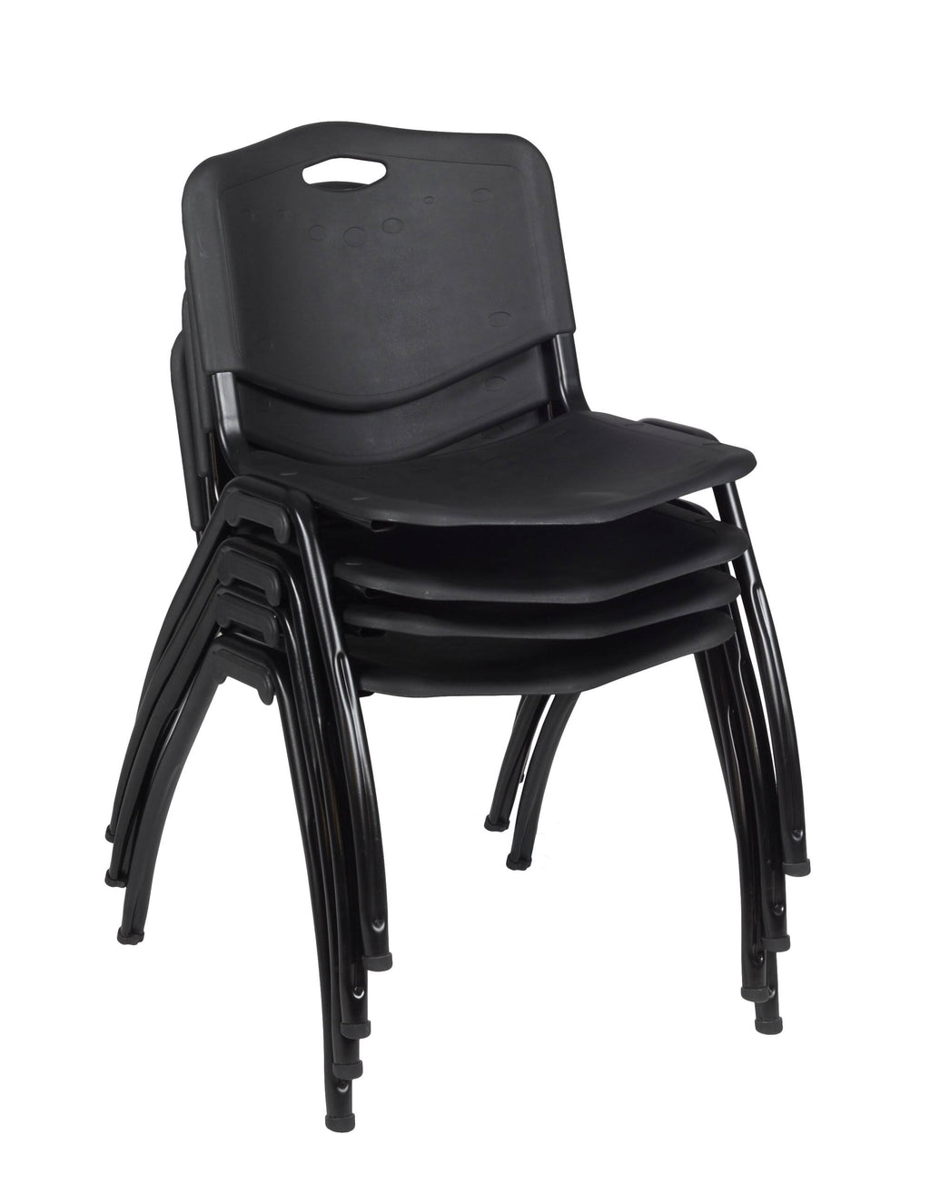 Mocha Walnut Round Breakroom Table and 4 Black Stack Chairs B463381