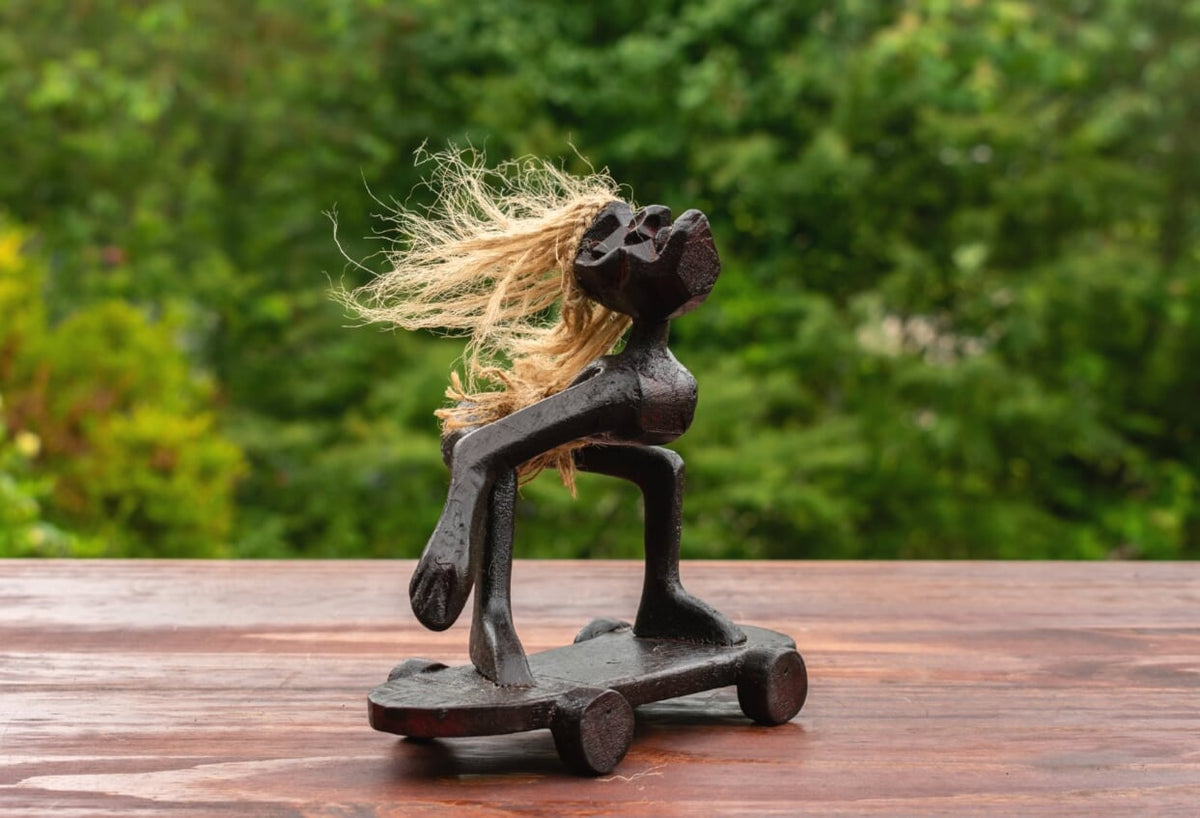 Handmade Wooden Skateboarding Statue Sculpture Tiki Bar Figurine K38213