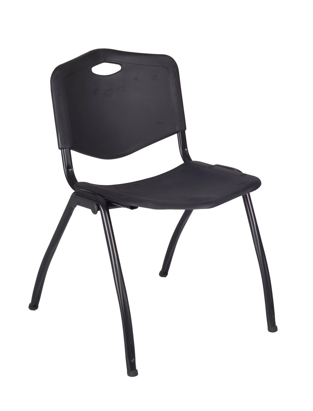 Mocha Walnut Round Breakroom Table and 4 Black Stack Chairs B463381