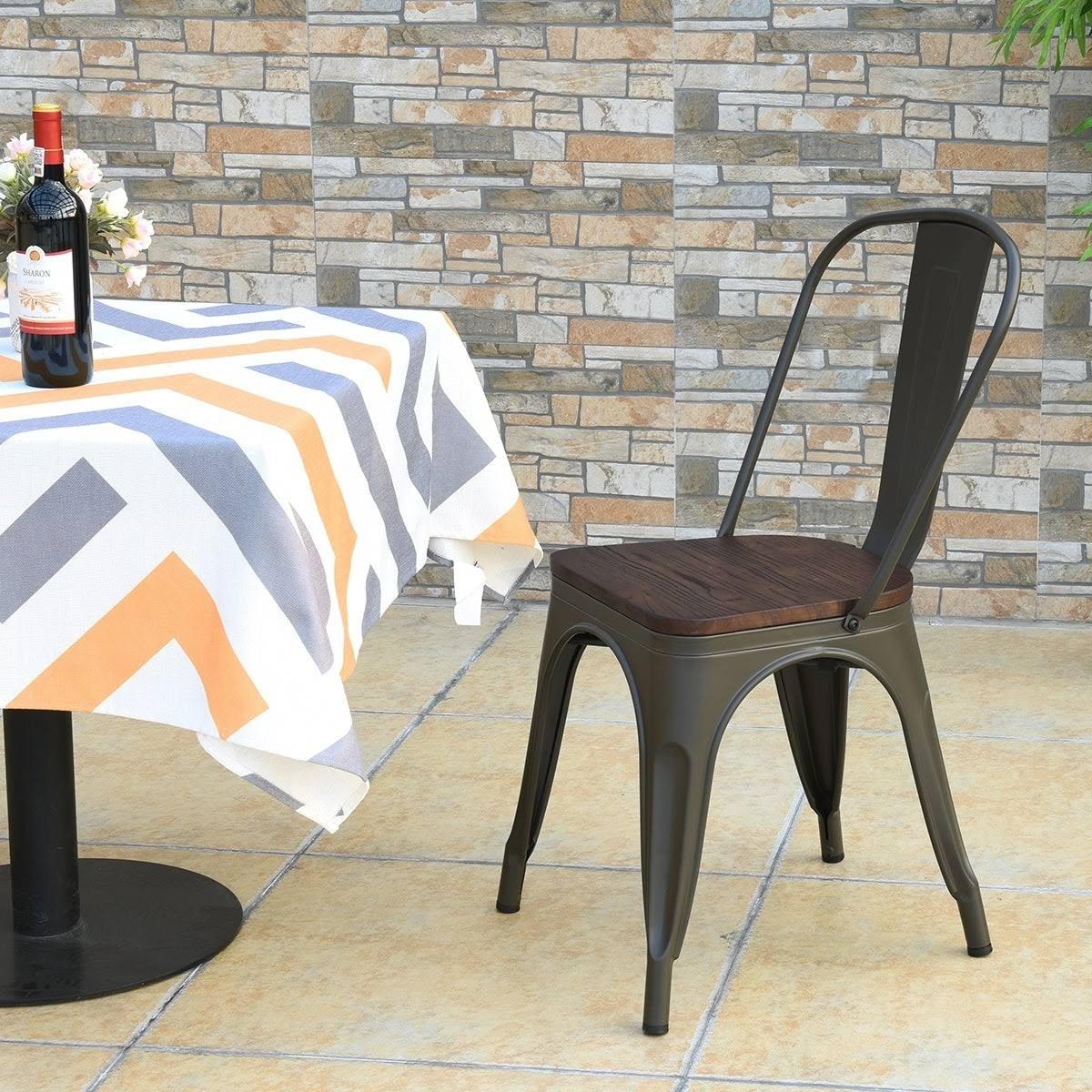 Black Metal Frame Wood Seat Stackable Bistro Dining Chair Set of 4 X747