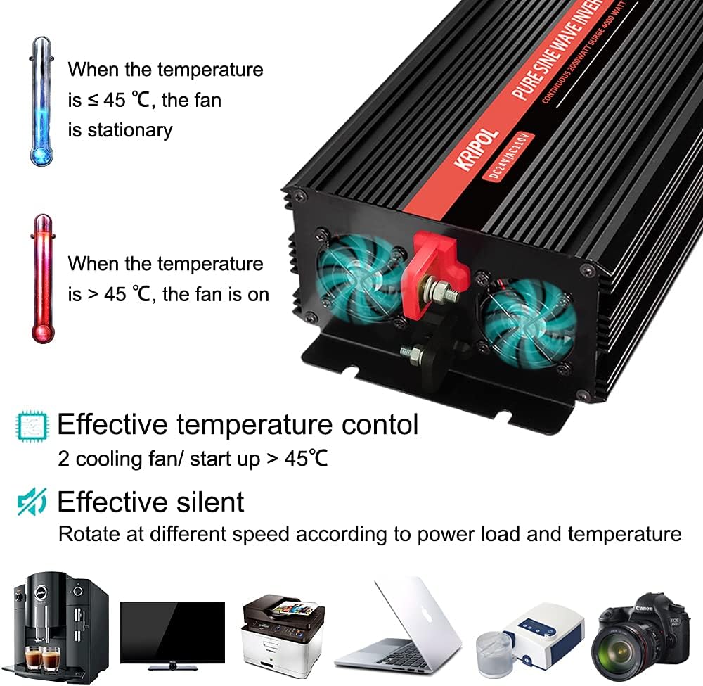 1500 Watt Pure Sine Wave Power Inverter 24v DC to 110/120v AC 60HZ with 4 AC and 1 USB Output C605