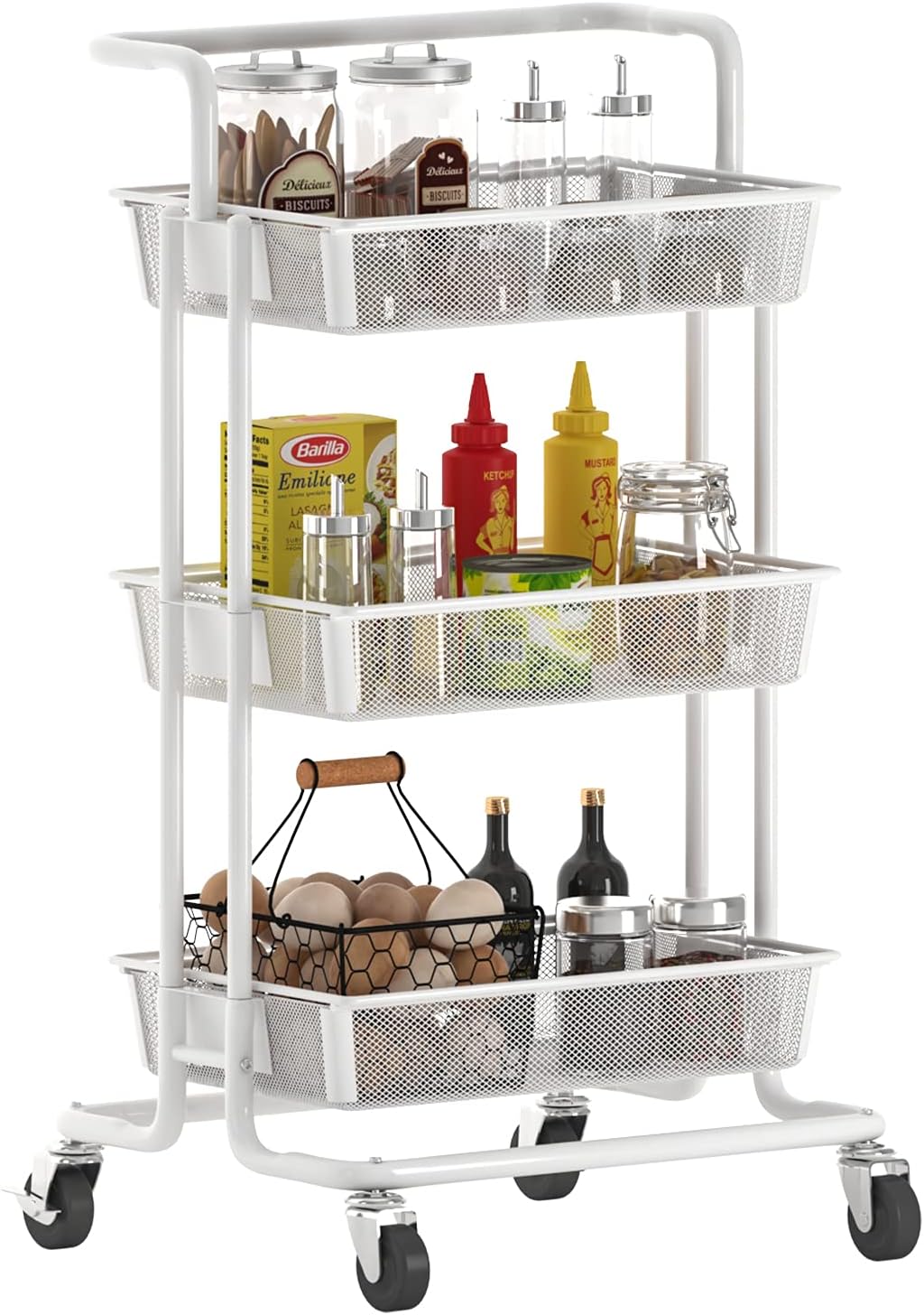 Black 3-Tier Rolling Metal Mesh Utility Cart with Locking Wheels D97430