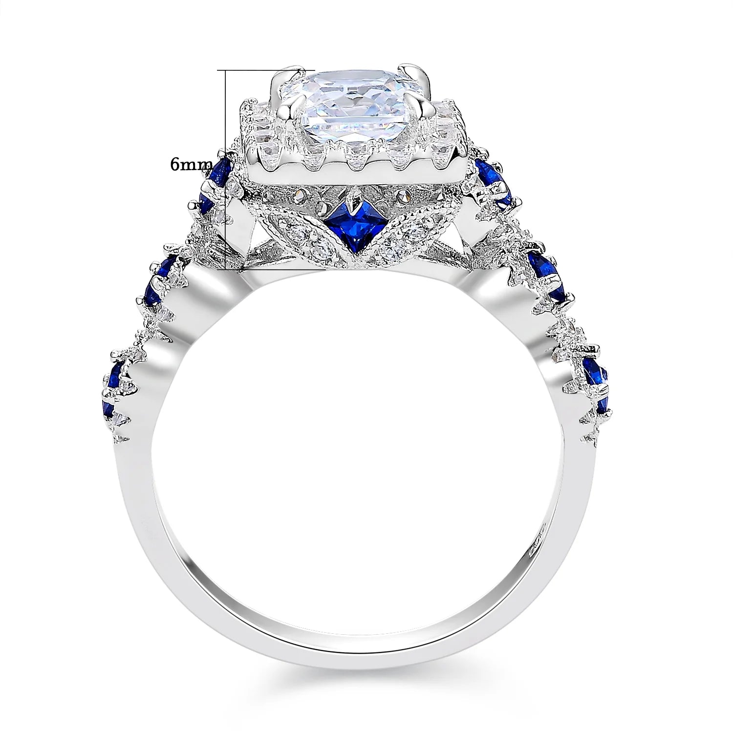 925 Sterling Silver Princess White Cz Blue Engagement Ring Set 3pcs Size 4.5 J77735