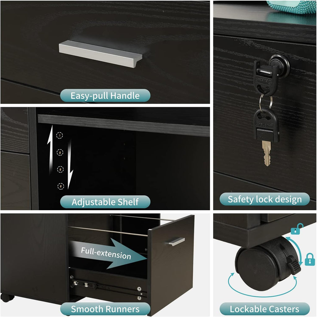 Black 3-Drawer Wood File Cabinet with Lock F3787