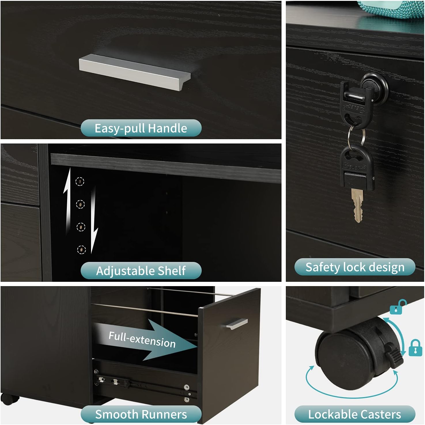 Black 3-Drawer Wood File Cabinet with Lock F3787