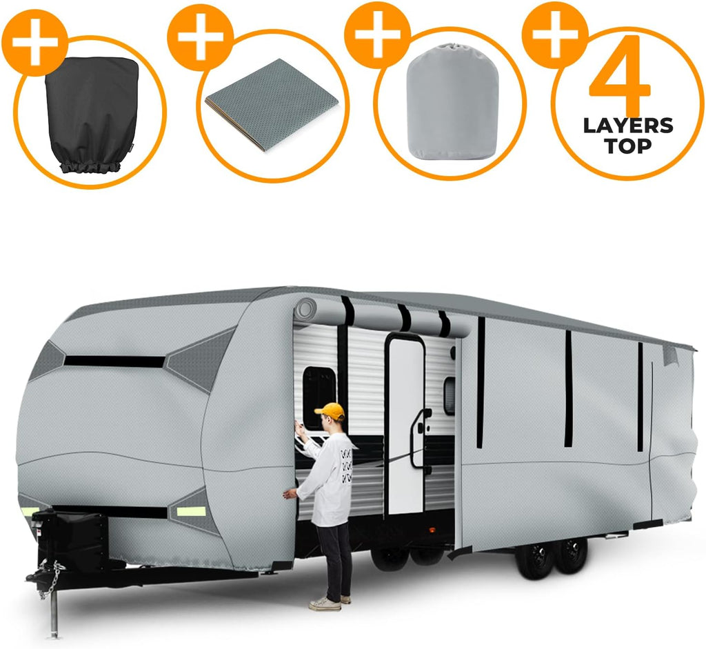 Gray Waterproof 4 Layers RV Cover with Jack Cover & Patch Kit R110