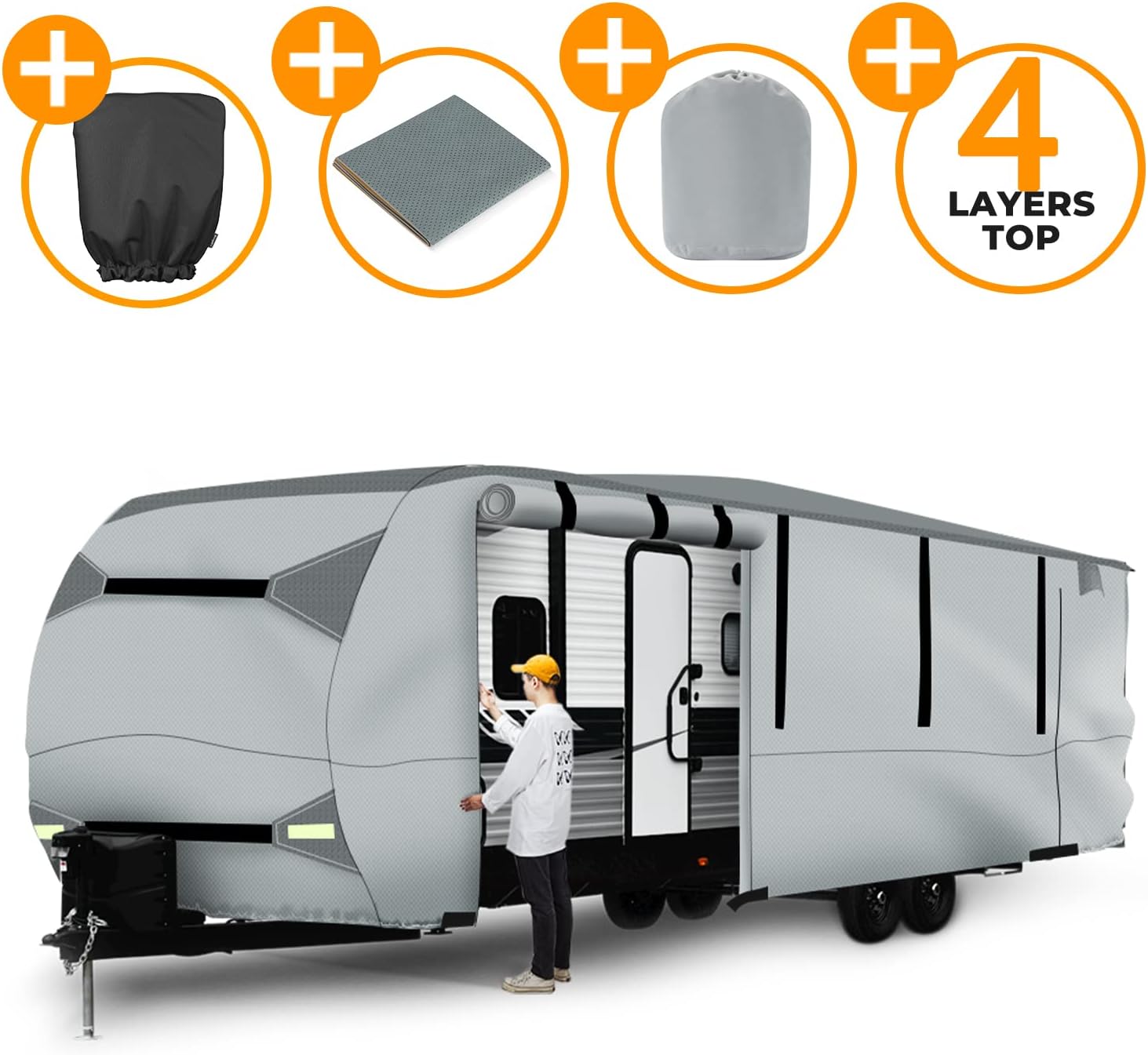 Gray Waterproof 4 Layers RV Cover with Jack Cover & Patch Kit R110