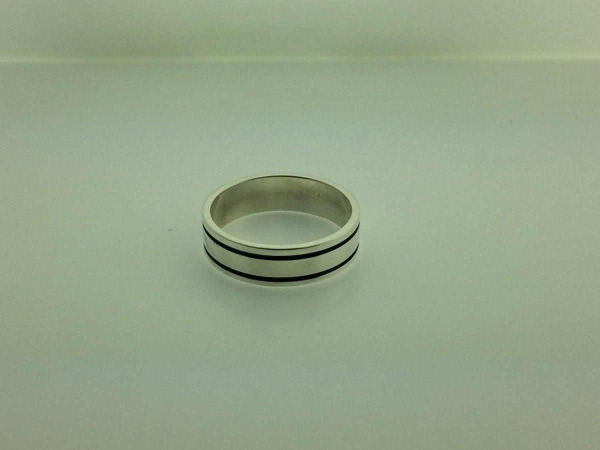 Polished Sterling Silver 6mm Double Black Groove Wedding Band 6.5 X3058