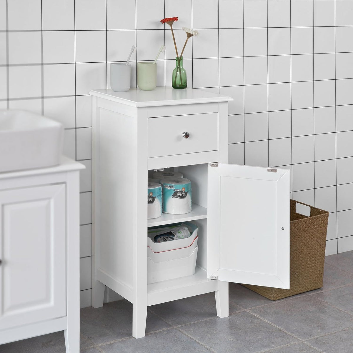 White Bathroom Storage Cabinet with Drawer and Adjustable Shelf M90491