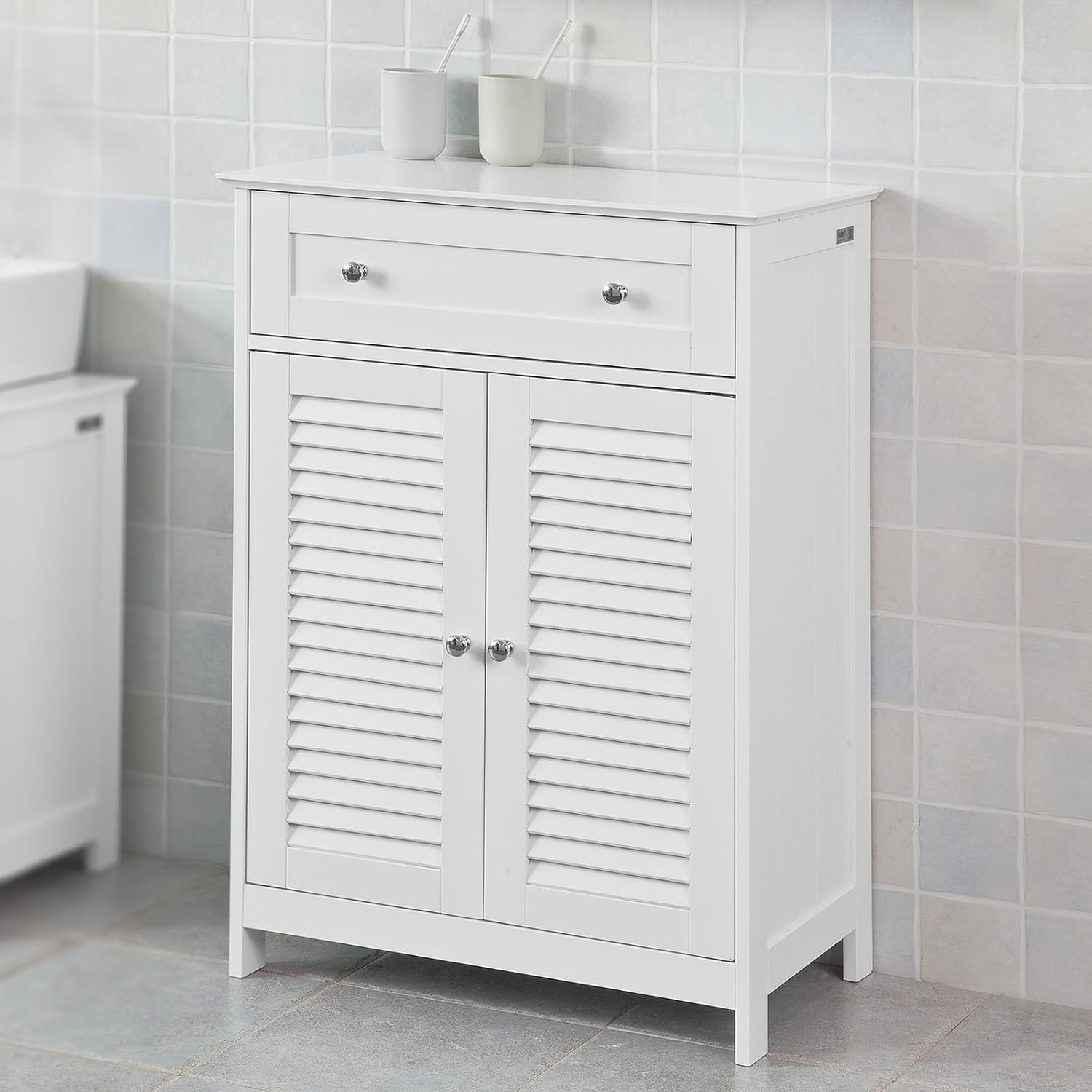 White Bathroom Storage Cabinet with Drawer and Adjustable Shelf M90491