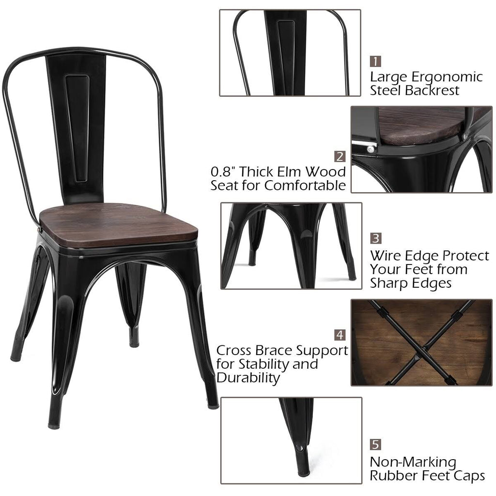Black Metal Frame Wood Seat Stackable Bistro Dining Chair Set of 4 X747