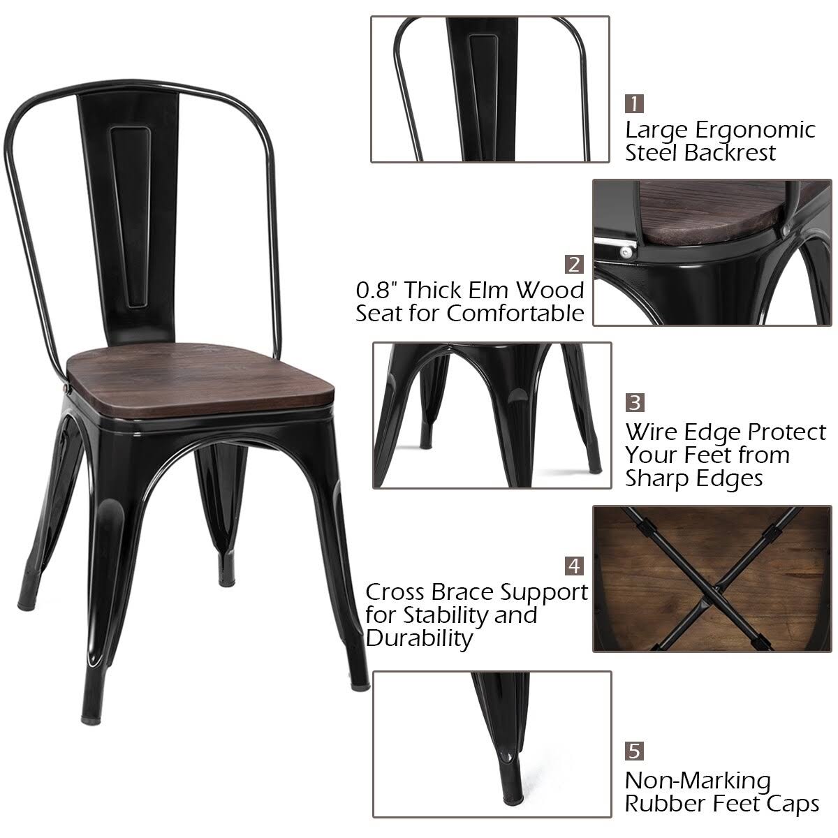 Black Metal Frame Wood Seat Stackable Bistro Dining Chair Set of 4 X747