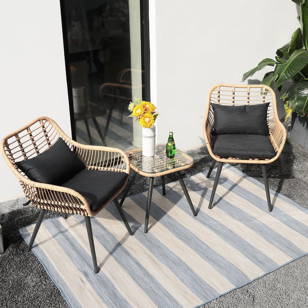 3-Piece Patio Set with Square Glass Top Coffee Table, Cushions and Lumbar Pillows J219
