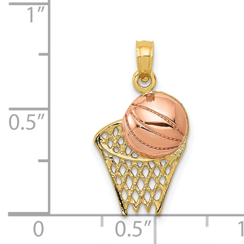 14K Two-Tone Gold Basketball Hoop Pendant with 10K Yellow Gold Rope Chain 16" G8256