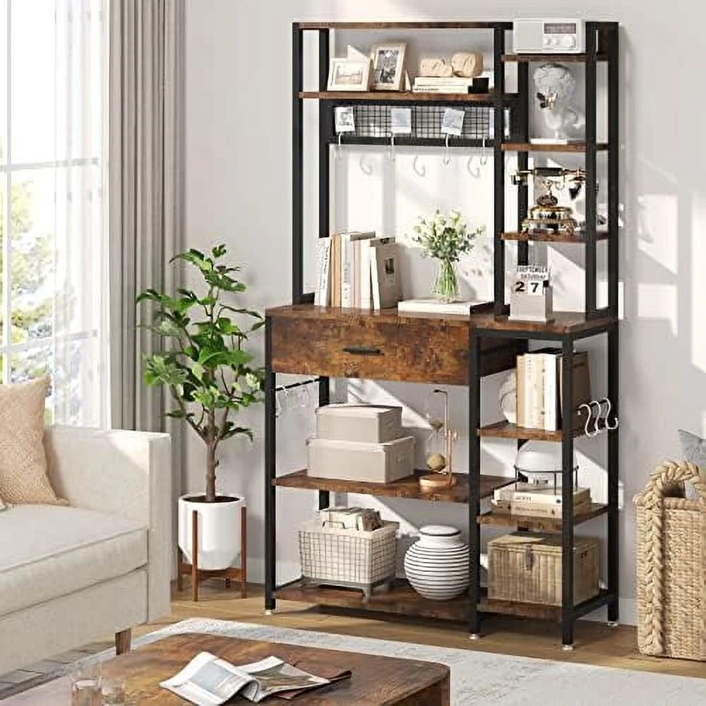 Baker's Rack with Drawer, 70.9 inch, 5-Tier+6-Tier Microwave Stand with 10 Hooks (Rustic Brown) L406579