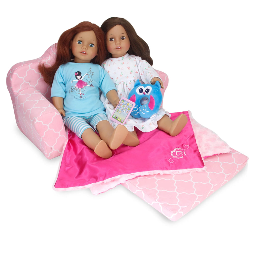 Pink Plush Pull-Out Sofa Bed for Two 18'' Dolls J769