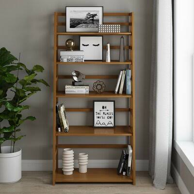 Solid Wood Ladder Bookcase Light Golden Brown 5 Shelves J740