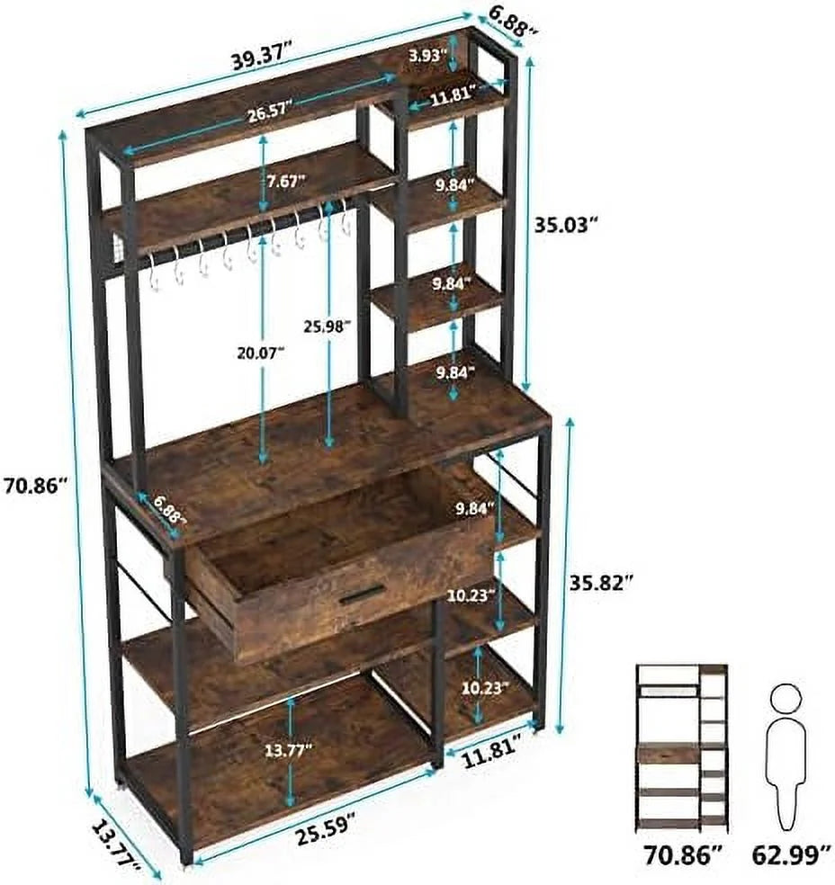 Baker's Rack with Drawer, 70.9 inch, 5-Tier+6-Tier Microwave Stand with 10 Hooks (Rustic Brown) L406579