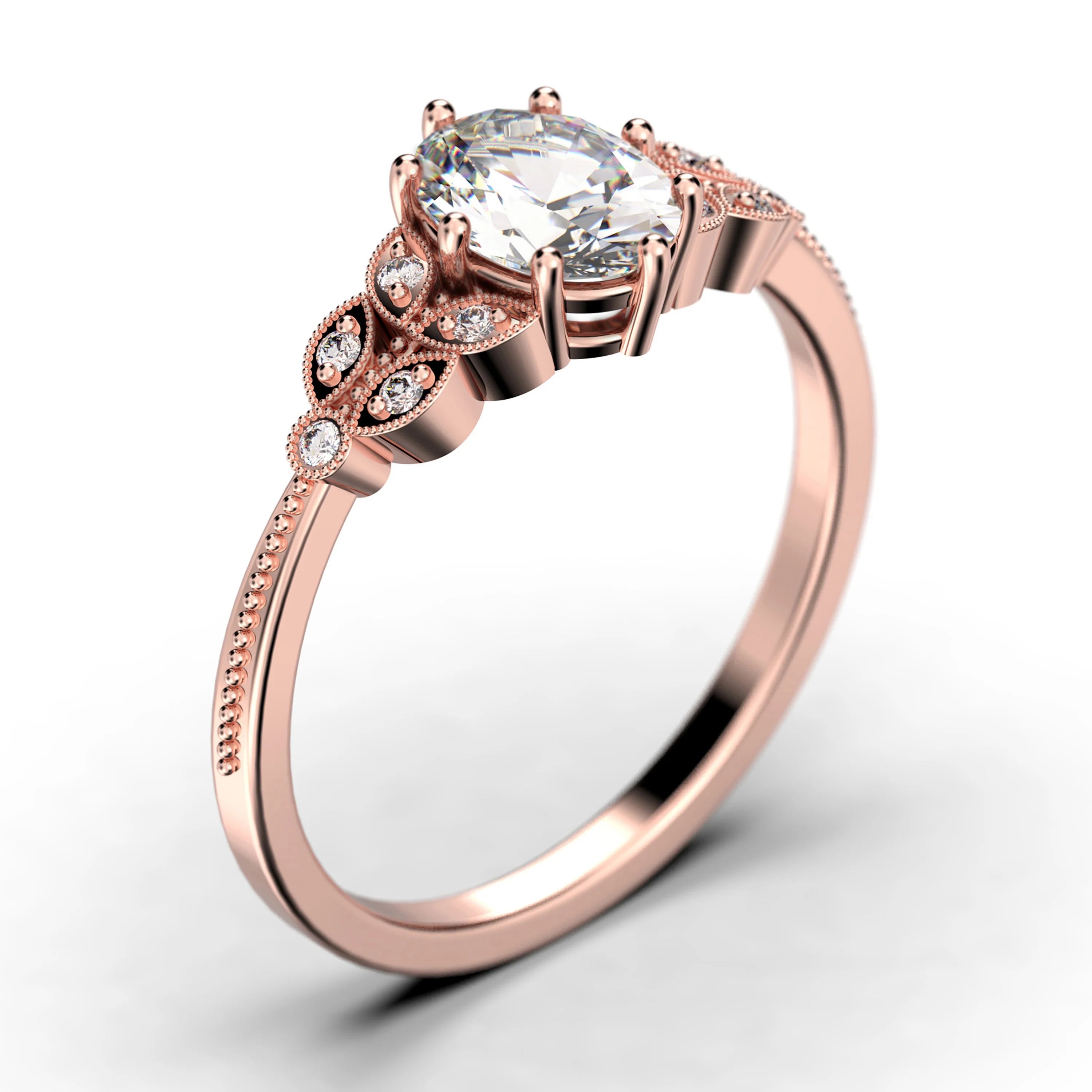Oval Cut Diamond Moissanite Engagement Ring Set in 10k Solid Rose Gold Q237