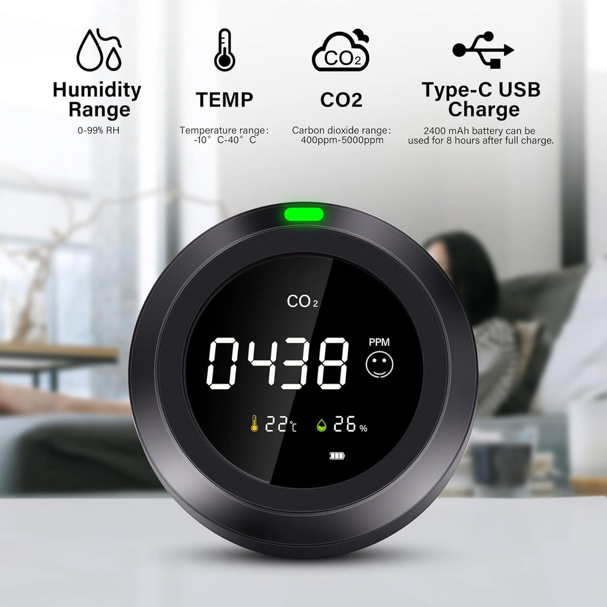 CO2 Detector, Real-Time Display CO2 Meter, 3-in 1 Indoor Air Quality Monitor B162