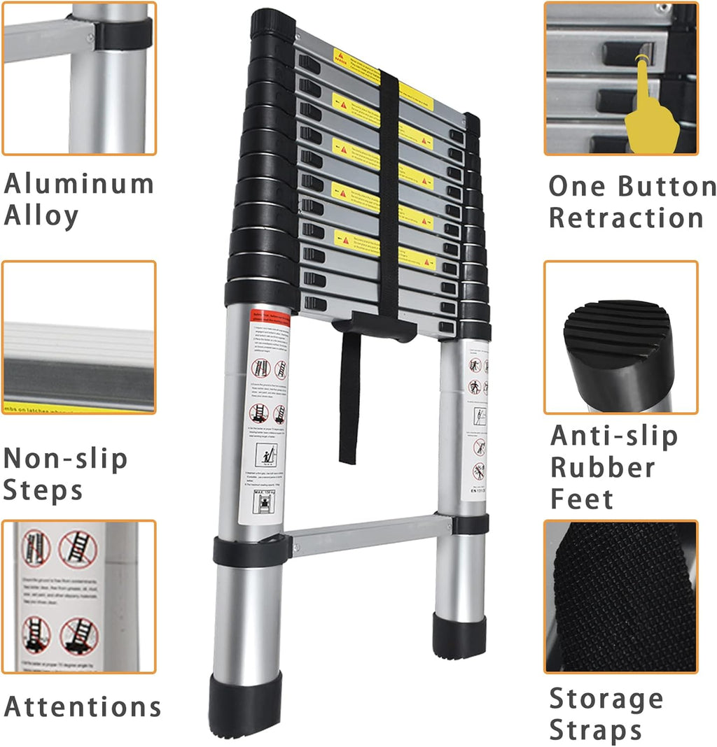 Telescoping Extension Ladder 14.5 FT, Folding Aluminum Ladder, 330 LB Capacity H568741