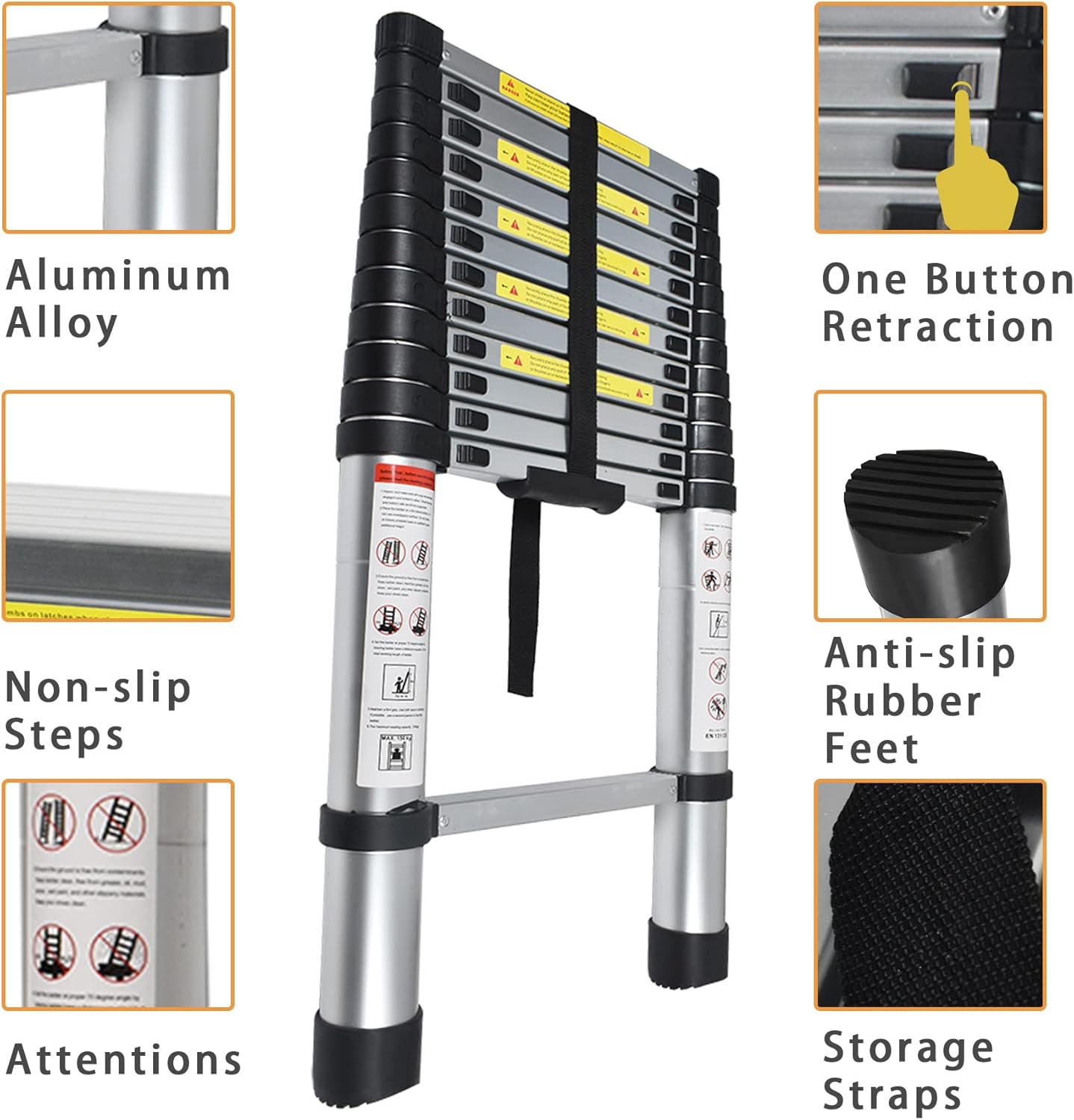 Telescoping Extension Ladder 14.5 FT, Folding Aluminum Ladder, 330 LB Capacity H568741
