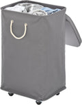 Gray Polyester Portable Laundry Hamper with Wheels and Lid W951