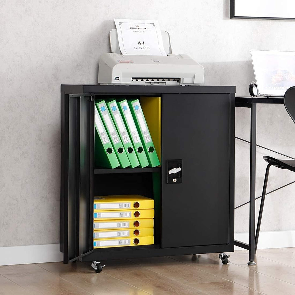 Metal Storage Cabinet with Locking Doors and Wheels, Black U123294