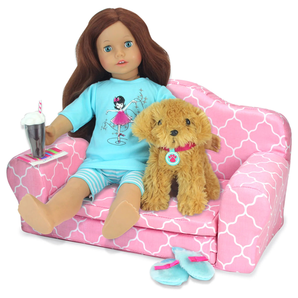 Pink Plush Pull-Out Sofa Bed for Two 18'' Dolls J769
